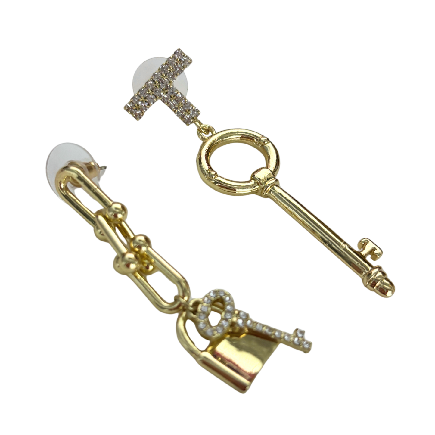 Romantic Key Asymmetrical Earrings in Gold | Mismatched Key & Lock Drop Earrings | 2–2.5" Post