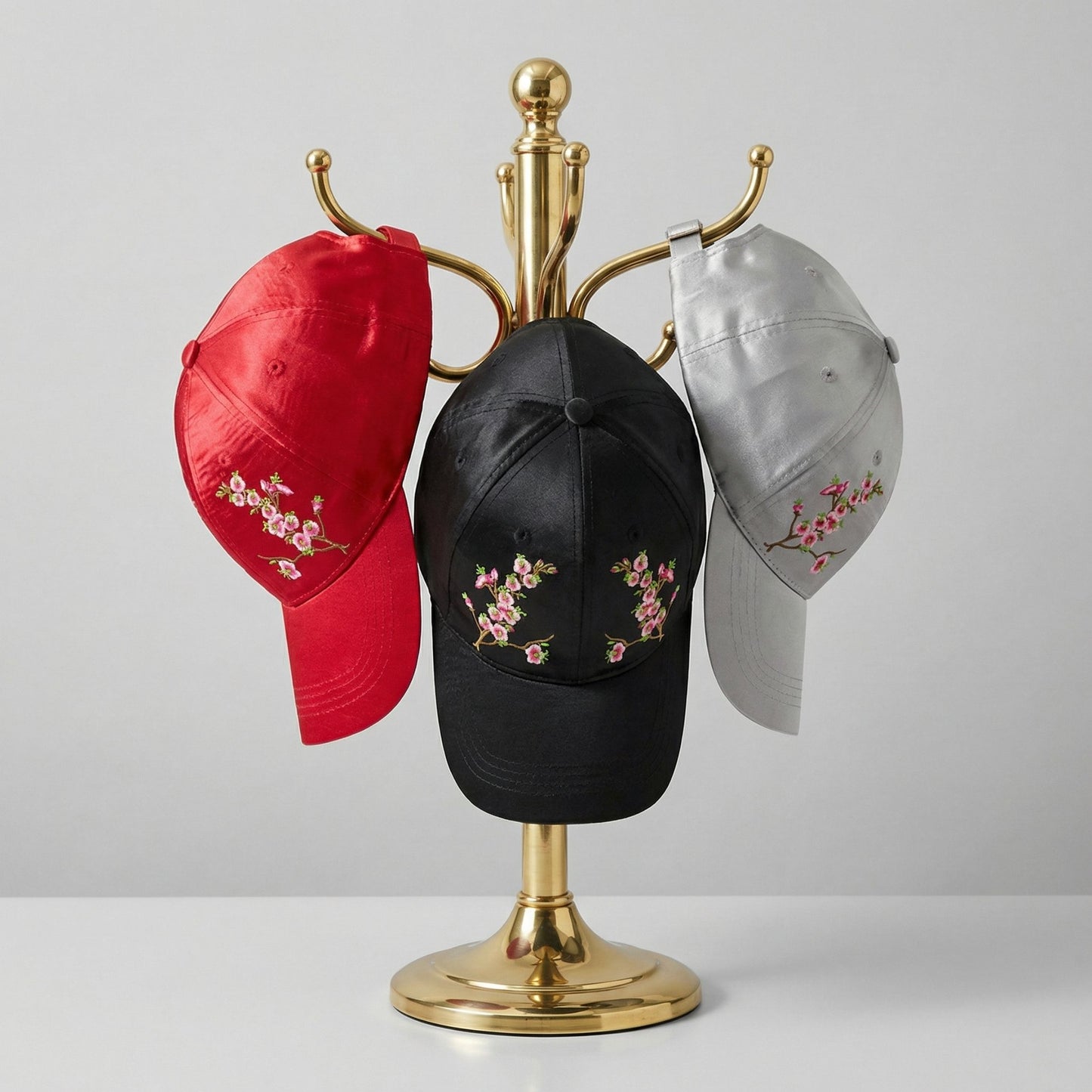 Chinese Blossom Embroidered Baseball Cap | Satin Polyester Adjustable Hat (Black, Grey, Red, White)