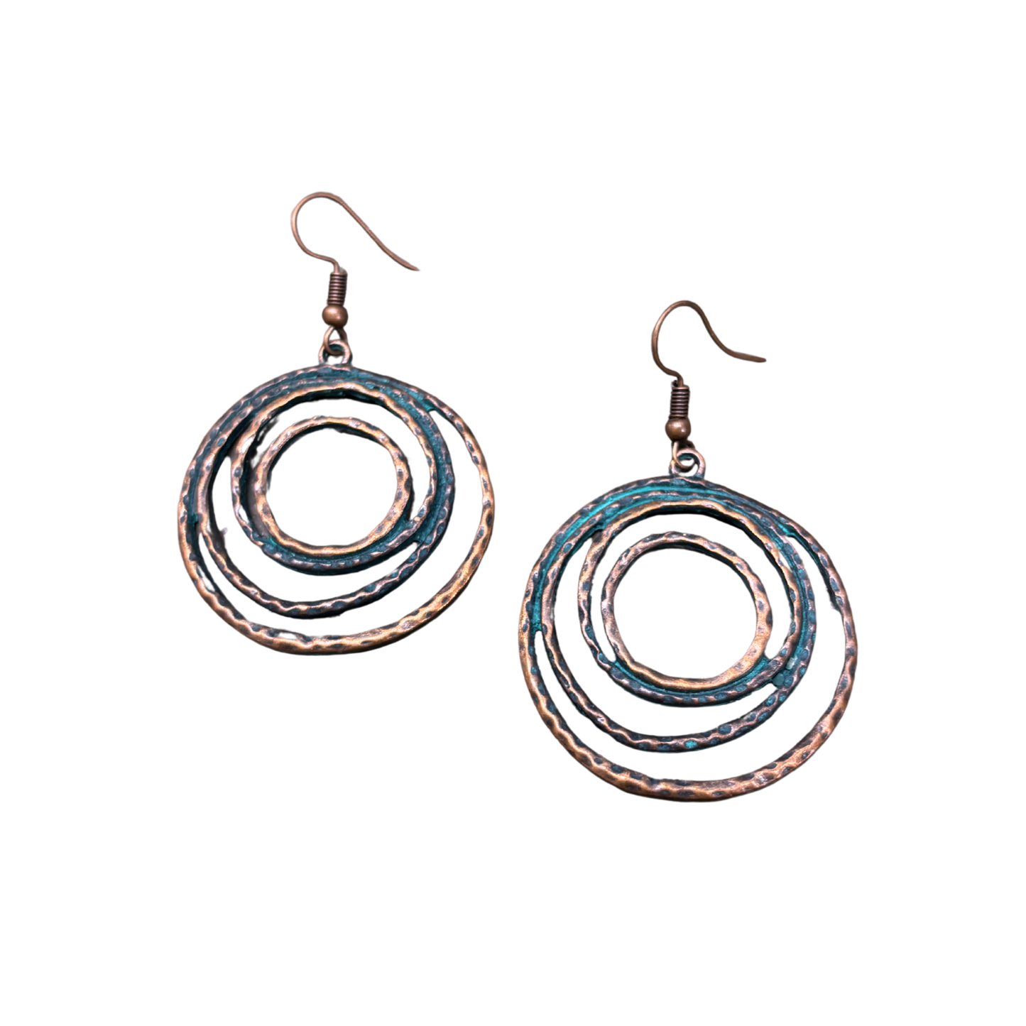 Boho Patina Dangle Circle Earrings | Hand-Painted Coppery Patina | 2.4" Ear Wire