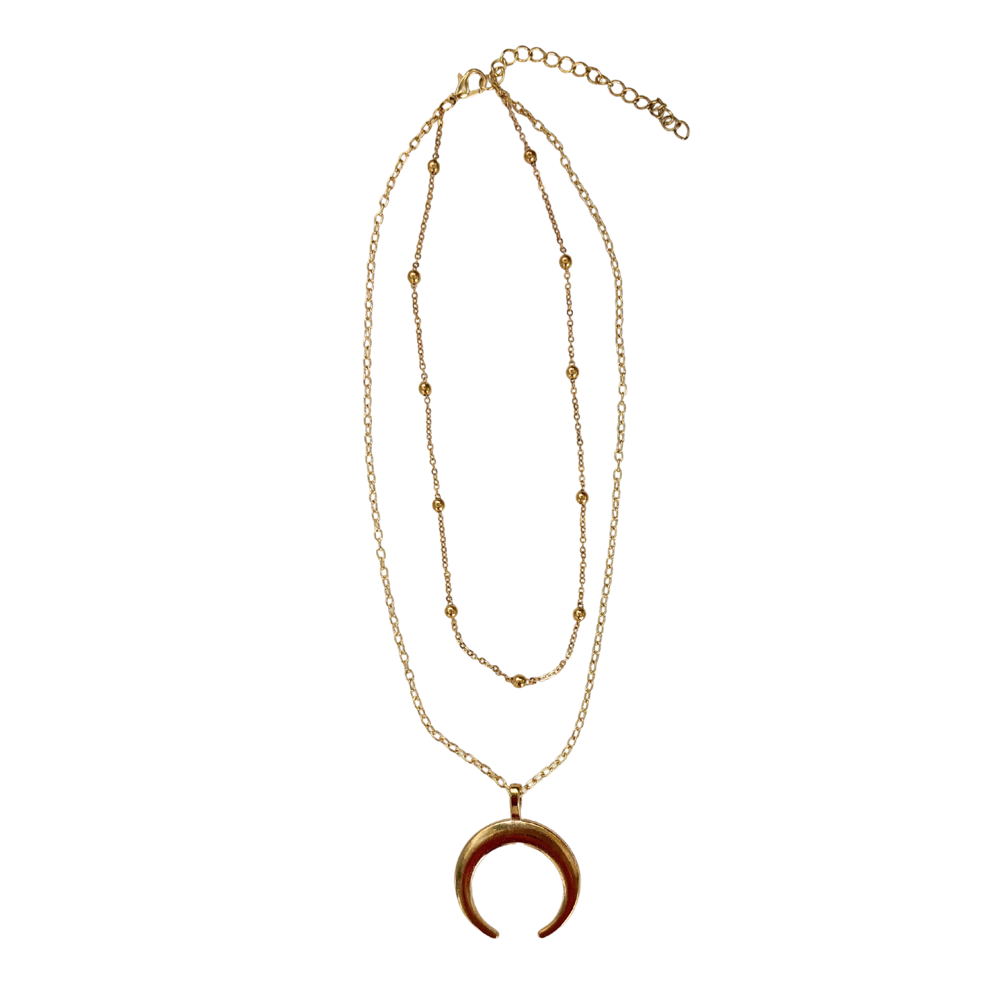 La Luna Double Layered Necklace in Gold | Beaded Chain + Crescent Moon | Two-Strand