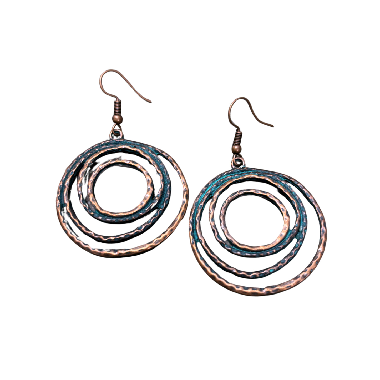 Boho Patina Dangle Circle Earrings | Hand-Painted Coppery Patina | 2.4" Ear Wire