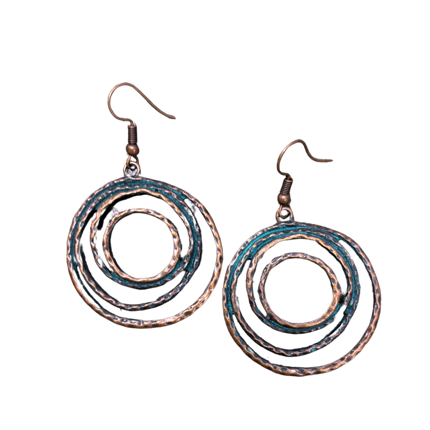 Boho Patina Dangle Circle Earrings | Hand-Painted Coppery Patina | 2.4" Ear Wire
