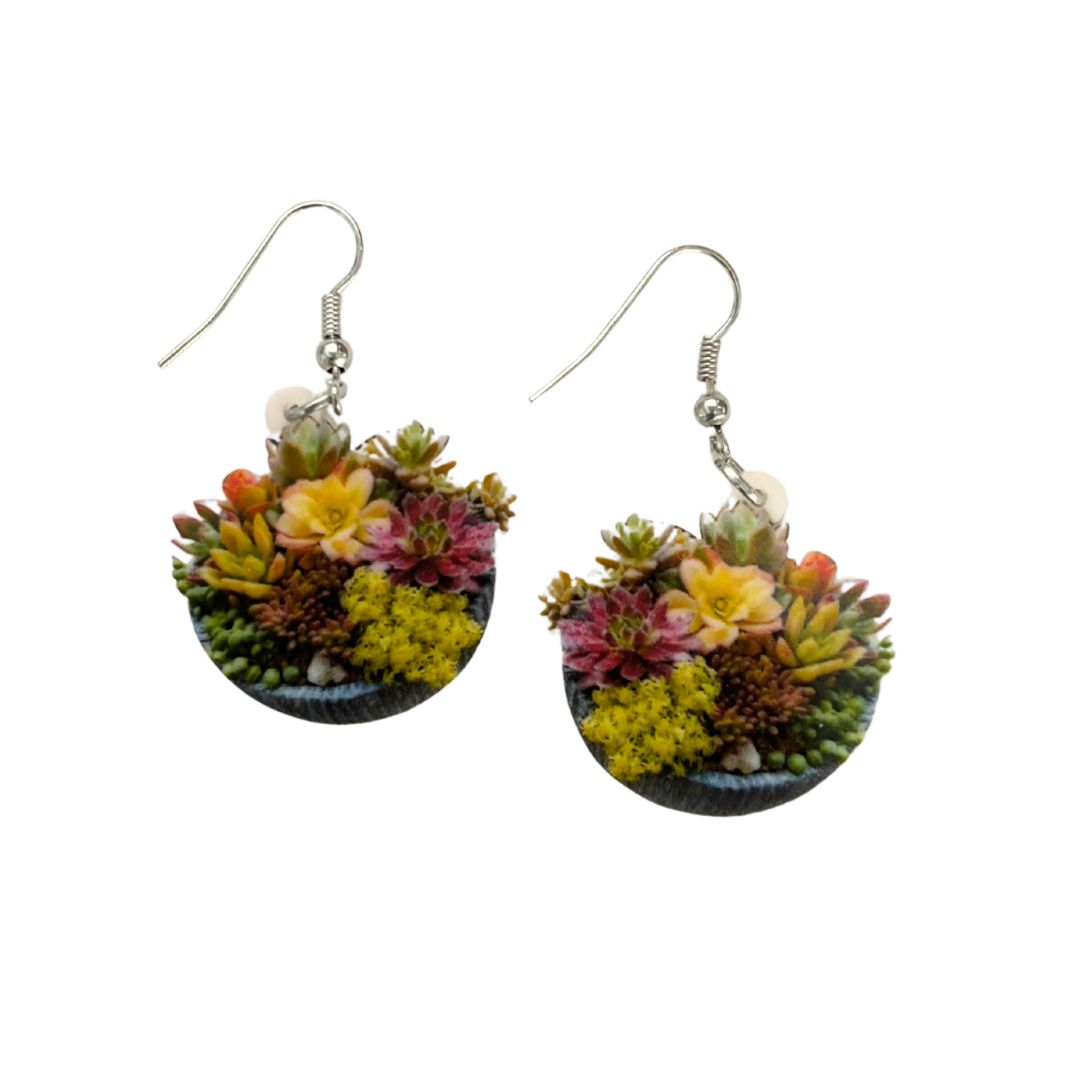 Succulent Basket Acrylic Earrings | Lightweight Plant Dangle Earrings
