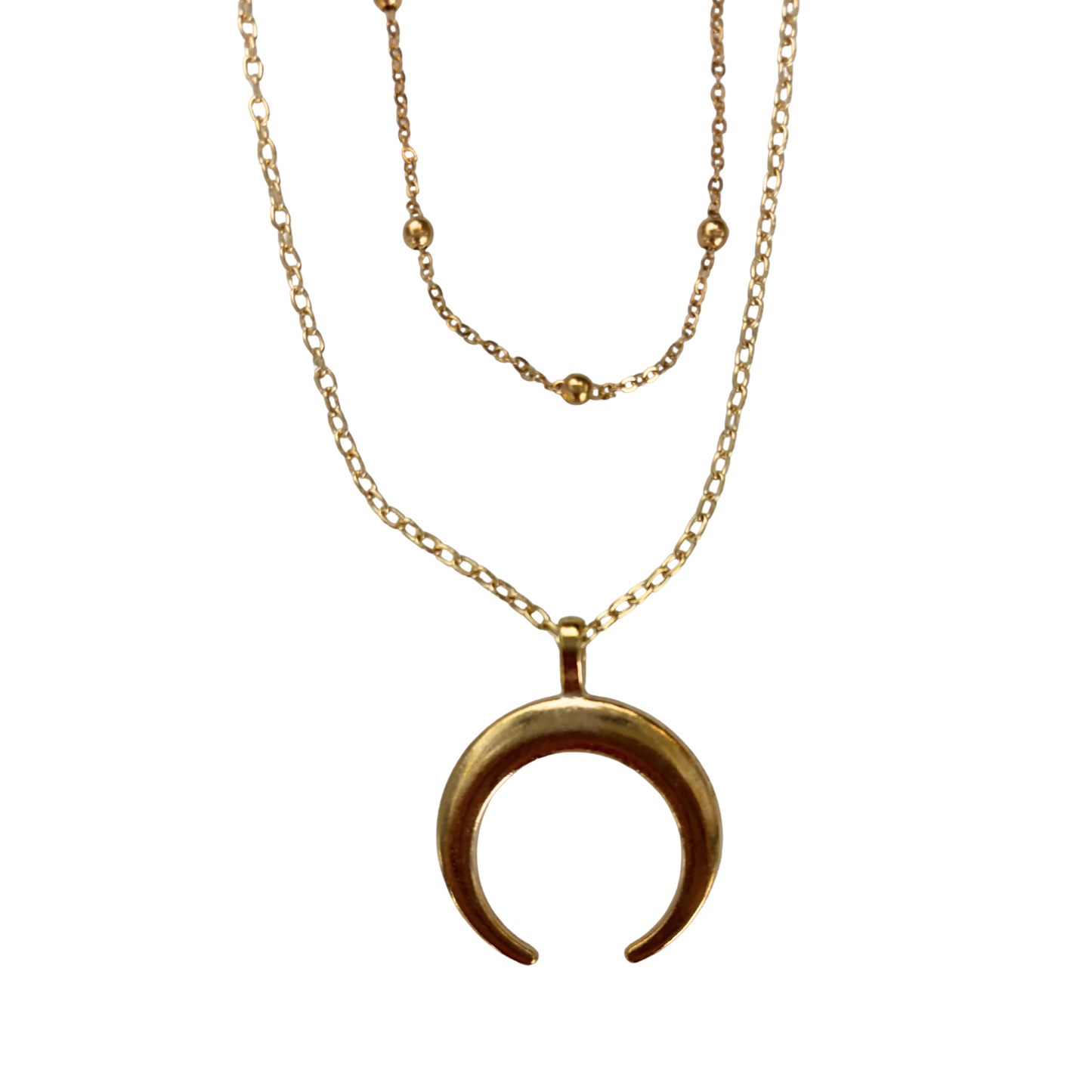 La Luna Double Layered Necklace in Gold | Beaded Chain + Crescent Moon | Two-Strand