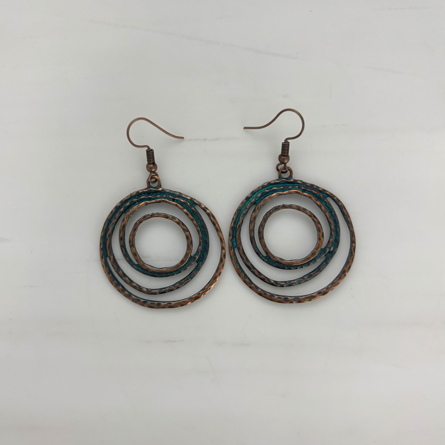Boho Patina Dangle Circle Earrings | Hand-Painted Coppery Patina | 2.4" Ear Wire