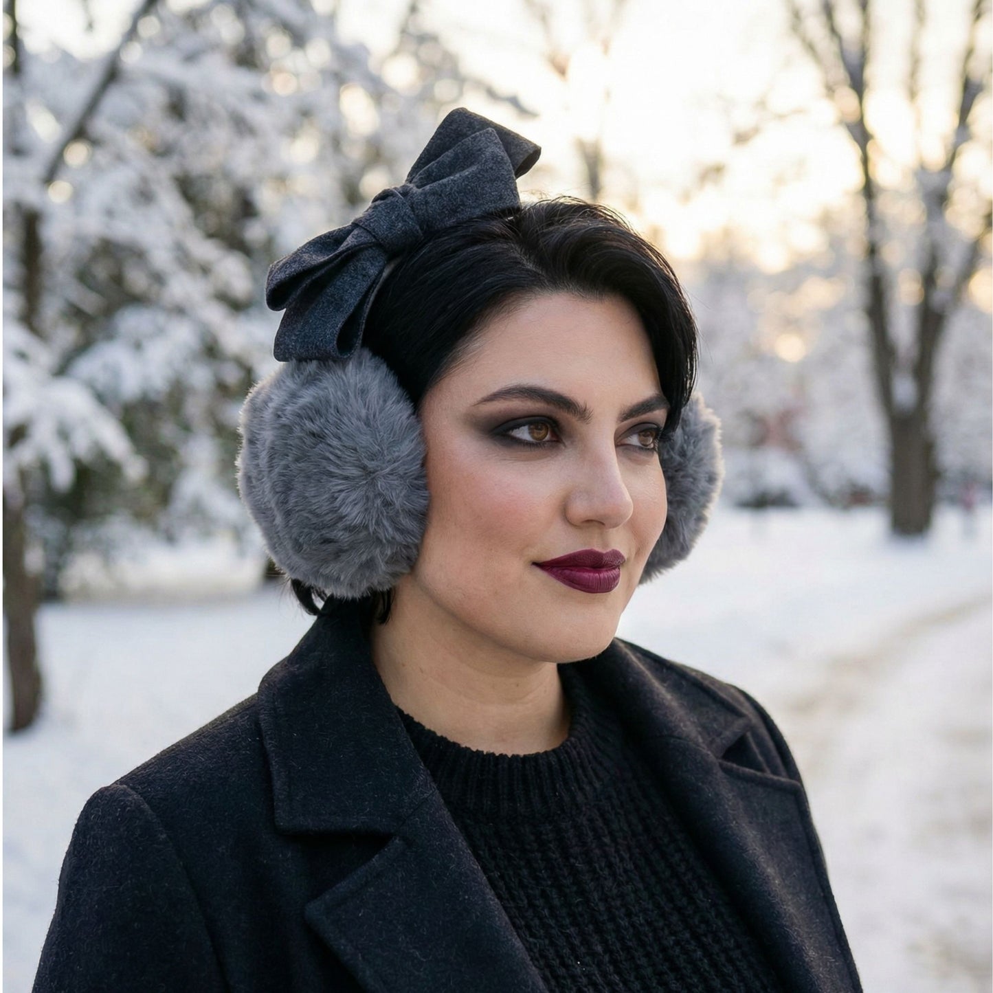 Grey Bow Ear Warmers Headband | Cozy Winter Earmuffs Style Headband