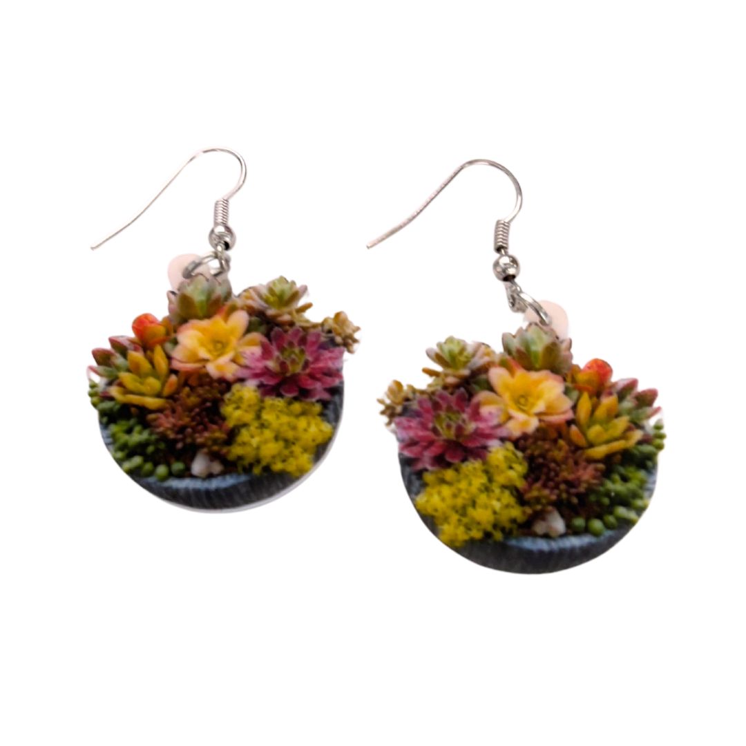 Succulent Basket Acrylic Earrings | Lightweight Plant Dangle Earrings