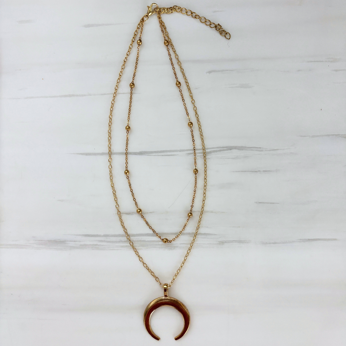 La Luna Double Layered Necklace in Gold | Beaded Chain + Crescent Moon | Two-Strand