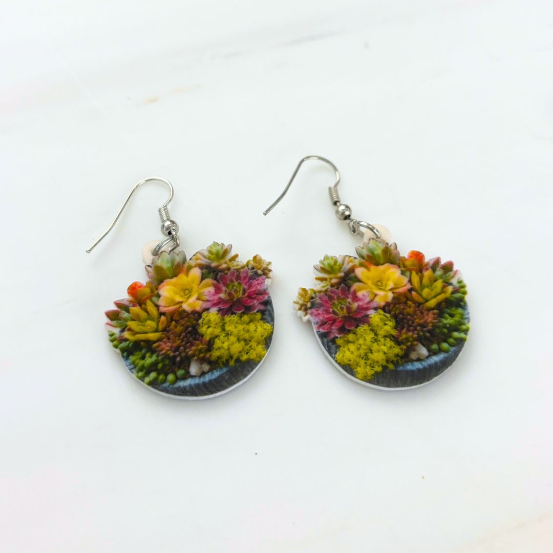 Succulent Basket Acrylic Earrings | Lightweight Plant Dangle Earrings