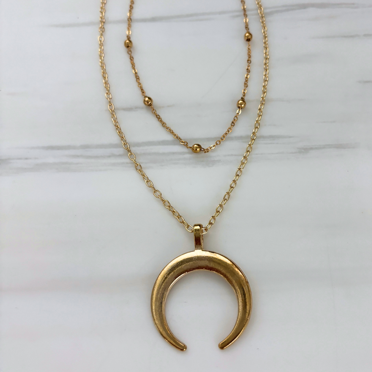 La Luna Double Layered Necklace in Gold | Beaded Chain + Crescent Moon | Two-Strand