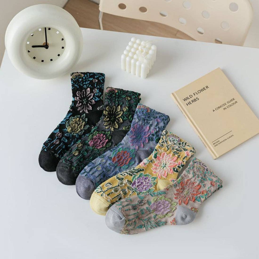 3D Flower Bohemian Women's Socks in Khaki