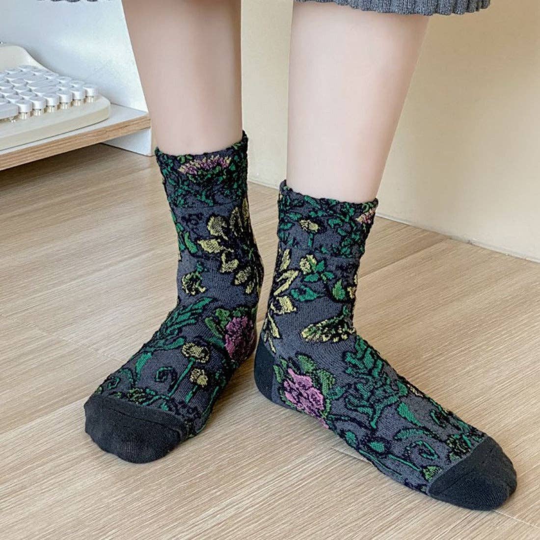 3D Flower Bohemian Women's Socks in Khaki