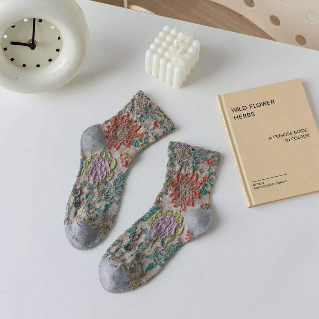 3D Flower Bohemian Women's Socks in Khaki