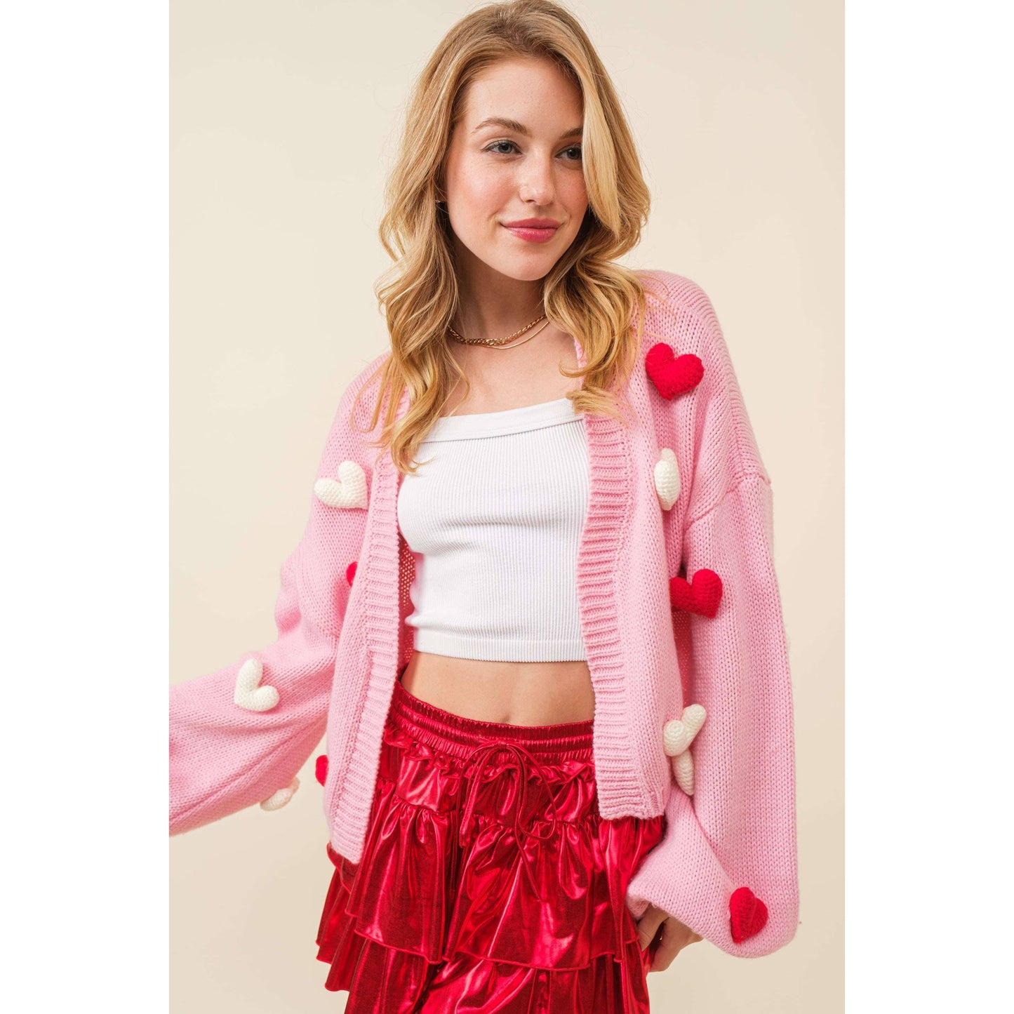 3D Heart Crop Knit Cardigan in Pink [Size Large Only]