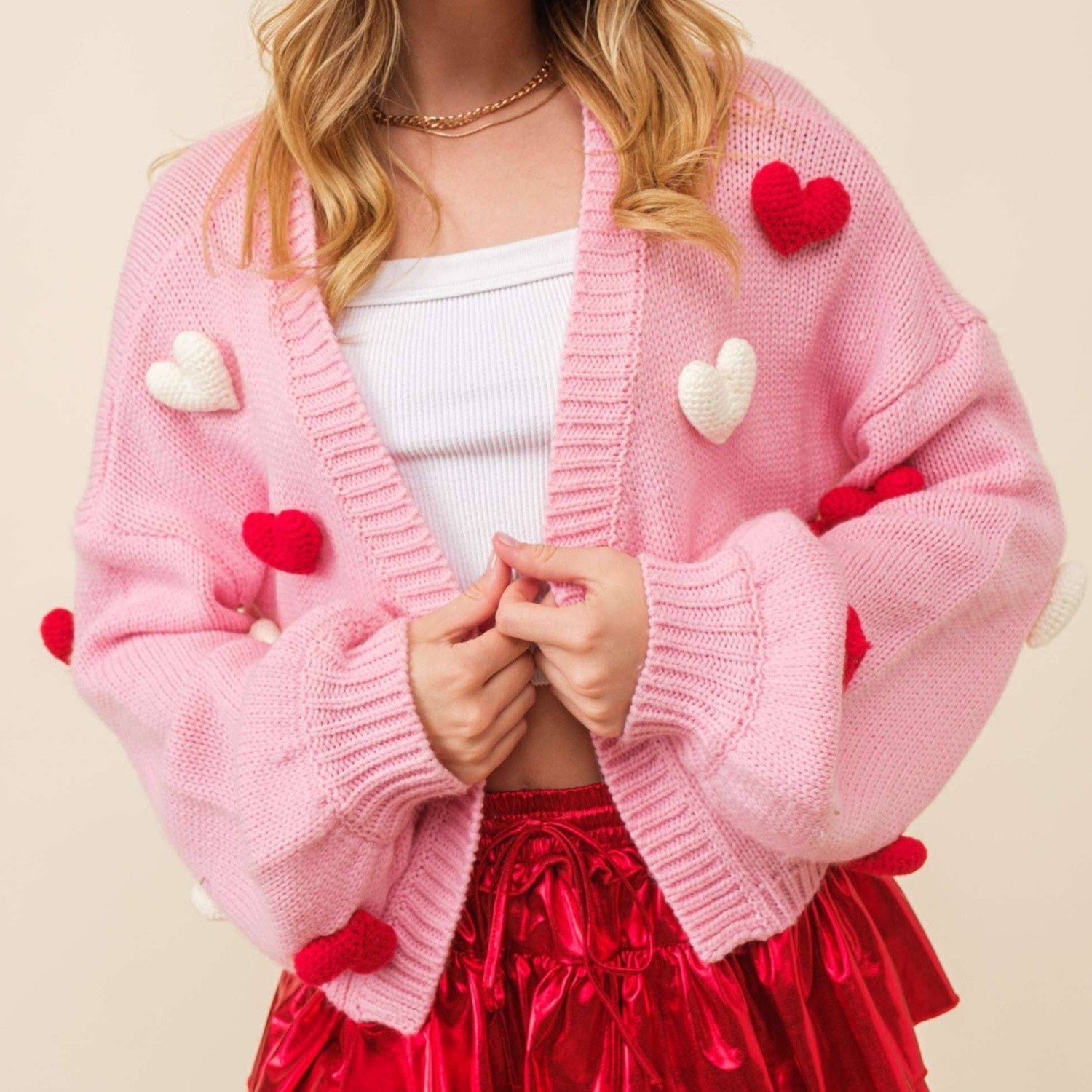 3D Heart Crop Knit Cardigan Sweater in Pink [Size Large Only]