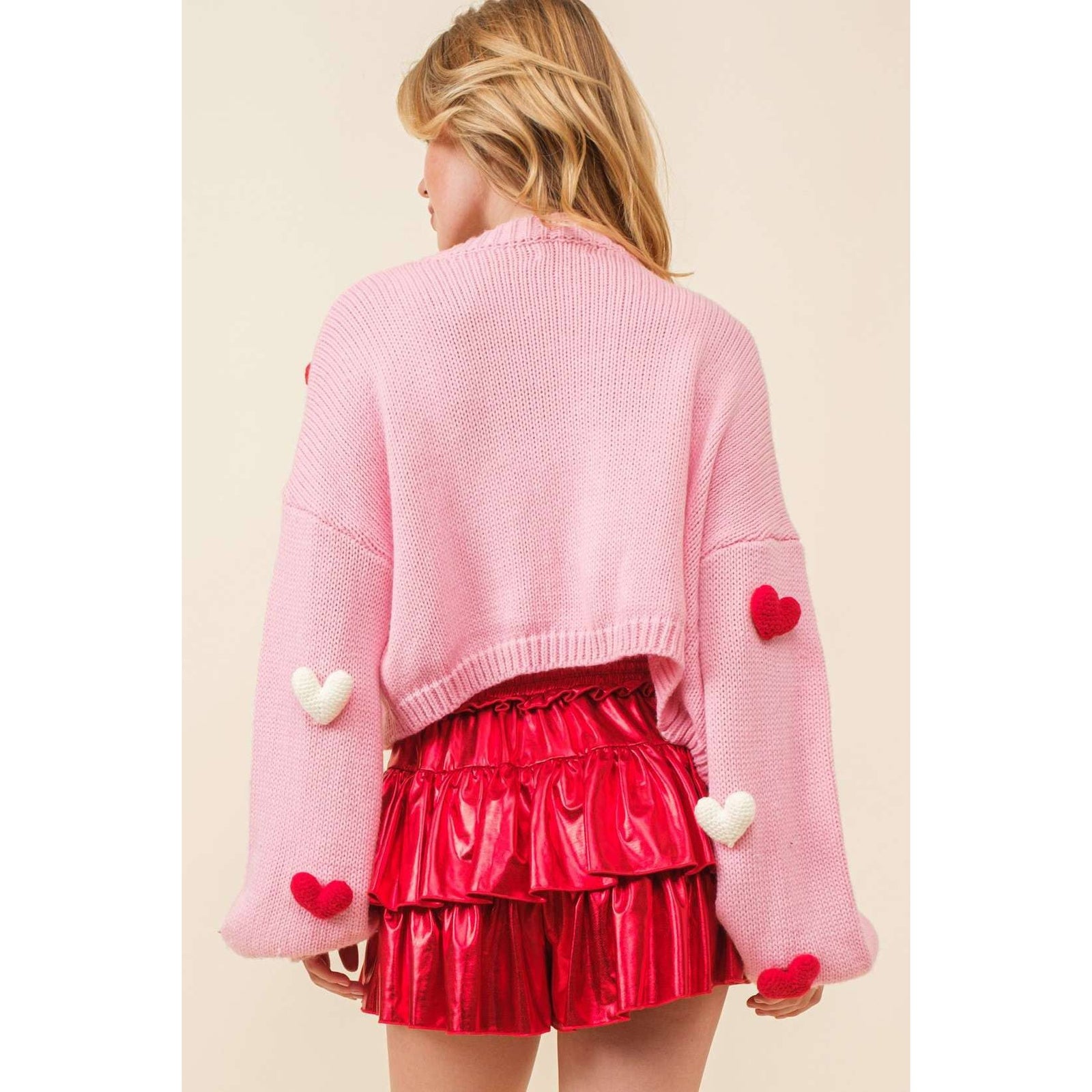 3D Heart Crop Knit Cardigan in Pink [Size Large Only]