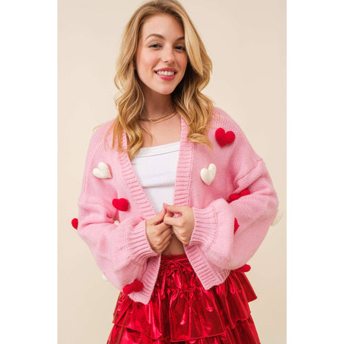 3D Heart Crop Knit Cardigan in Pink [Size Large Only]