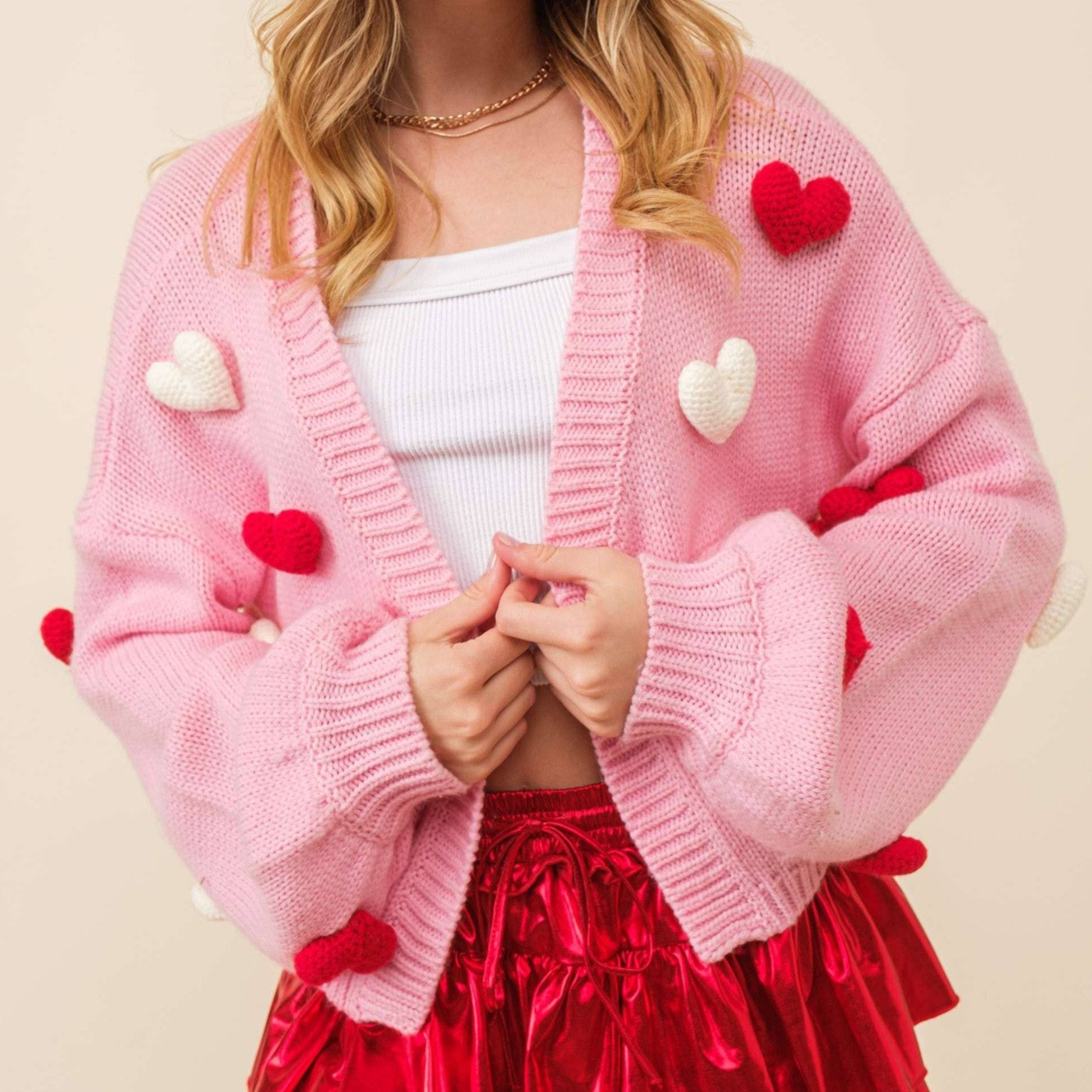 3D Heart Crop Knit Cardigan in Pink [Size Large Only]