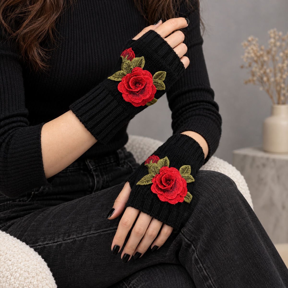 3D Rose Applique Fingerless Gloves | Paper & Quartz-Paper & Quartz-The Bullish Store