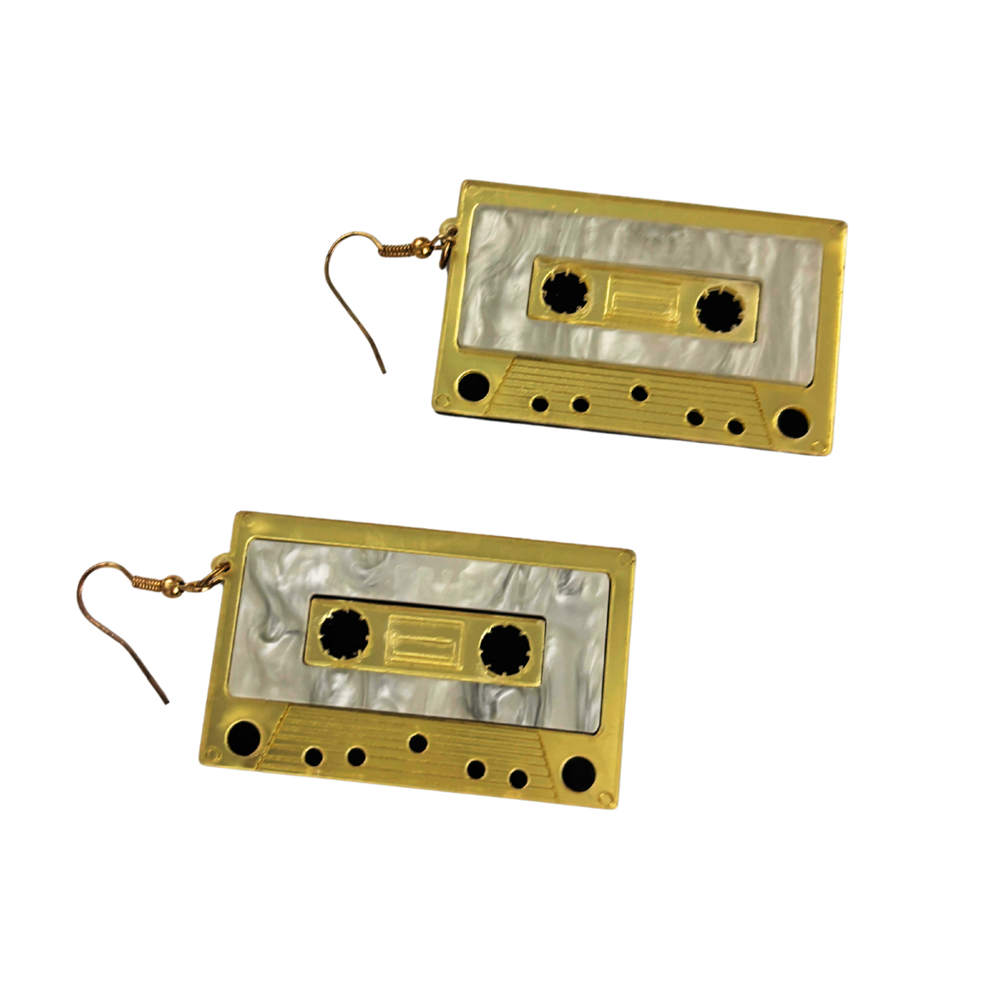 Jumbo Cassette Dangle Earrings in Gold | Matte Gold & Pearl Acetate | 3" Ear Wire