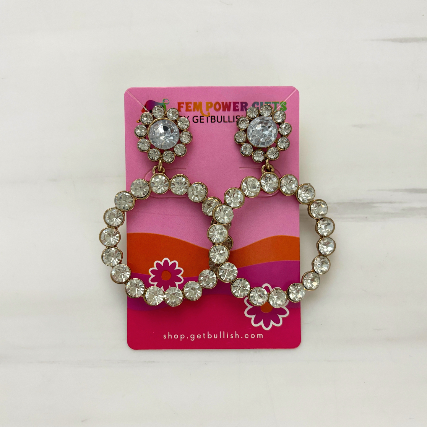 Glamour Forever Dangle Circle Earrings | Faux Diamond Flower & Circle | 2" Post | Gold or Silver