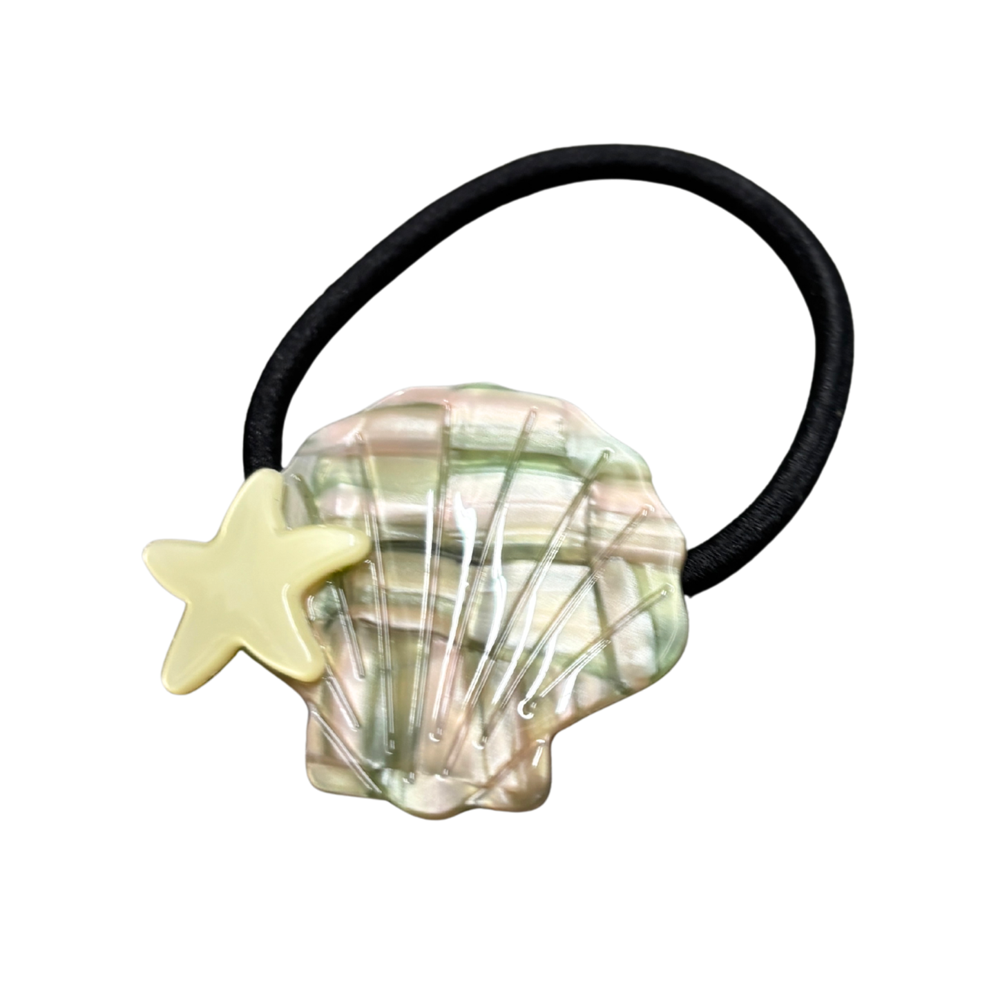 Shell & Star Mermaid Hair Tie | Opalescent Acetate Seashell on Black Elastic