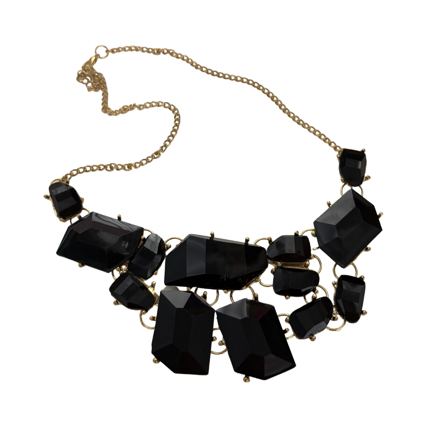 Evil Queen Jagged Gems Statement Necklace | Black Faceted Gems, Gold Setting | Bib Style