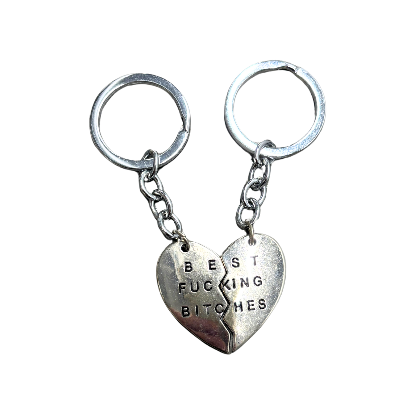 Best Fucking Bitches Keyring Set | Silver Split Heart BFF Keychain Set of 2 | 3.25"