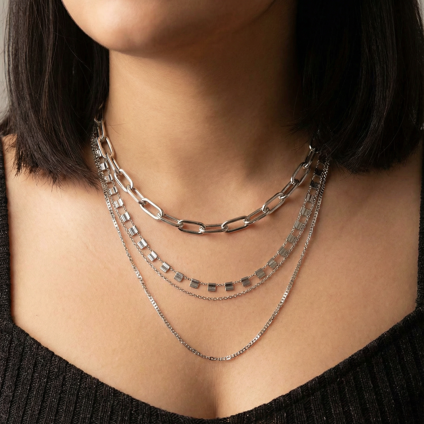 4 Chunky Chain Link Necklace | Multi Layer Chain Gold Tone Fashion Jewelry