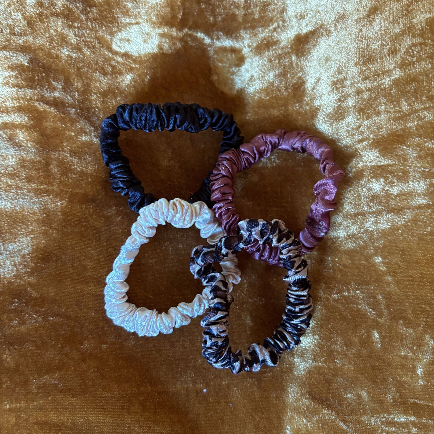 4 Pack Satin Hair Tie Pack in Black / Brown / Cheetah / Nude | Stretchy Scrunchies Hair Accessory