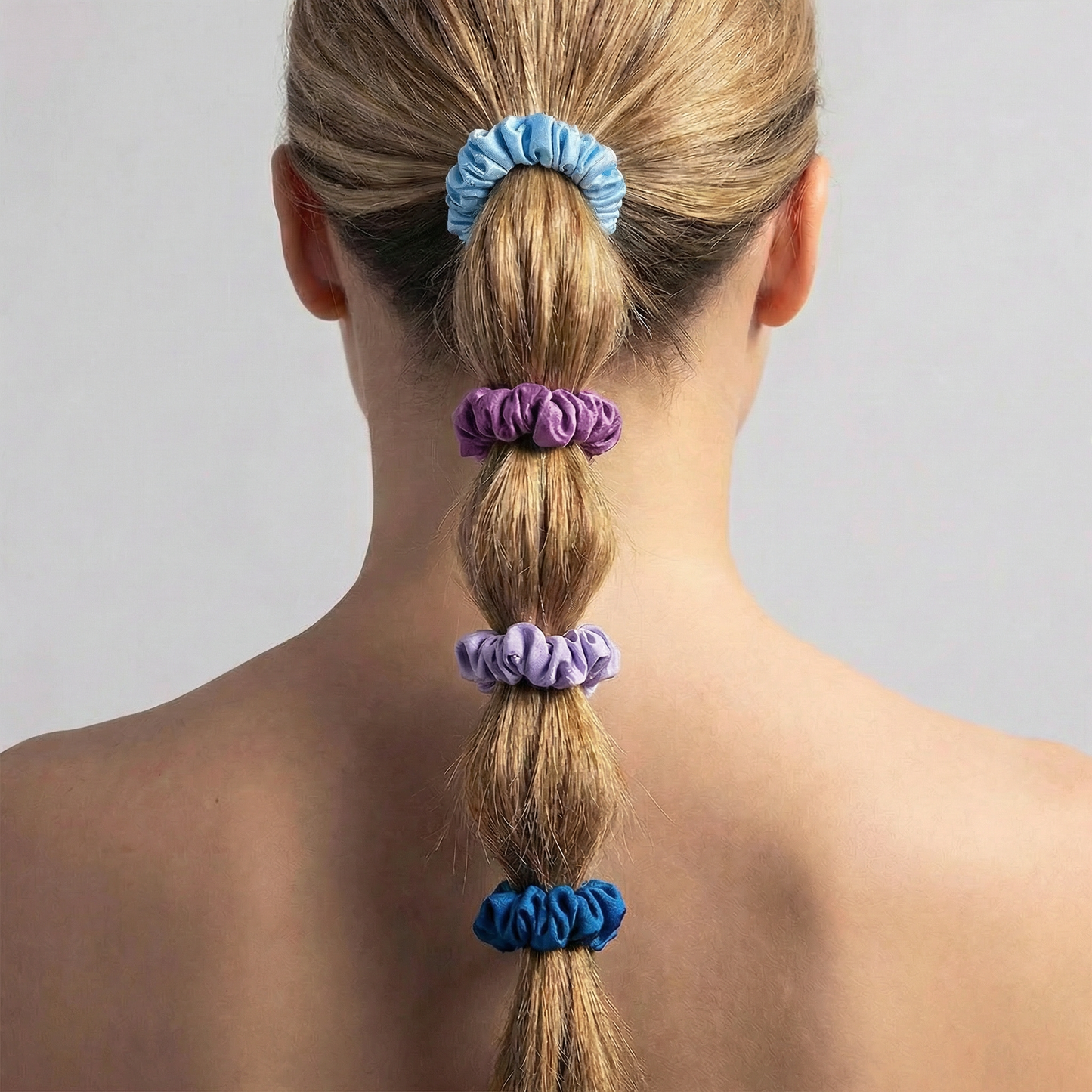 4 Pack Satin Hair Tie Pack in Navy / Purple / Lilac / Sky Blue | Poly Satin Scrunchies Hair Accessory