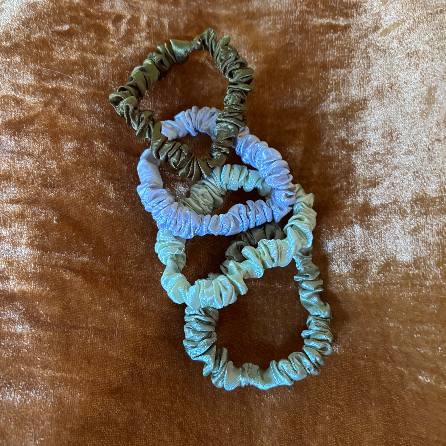 4 Pack Satin Hair Tie Pack in Olive / Sage / Mint / Camo | Poly Satin Scrunchies Hair Accessory