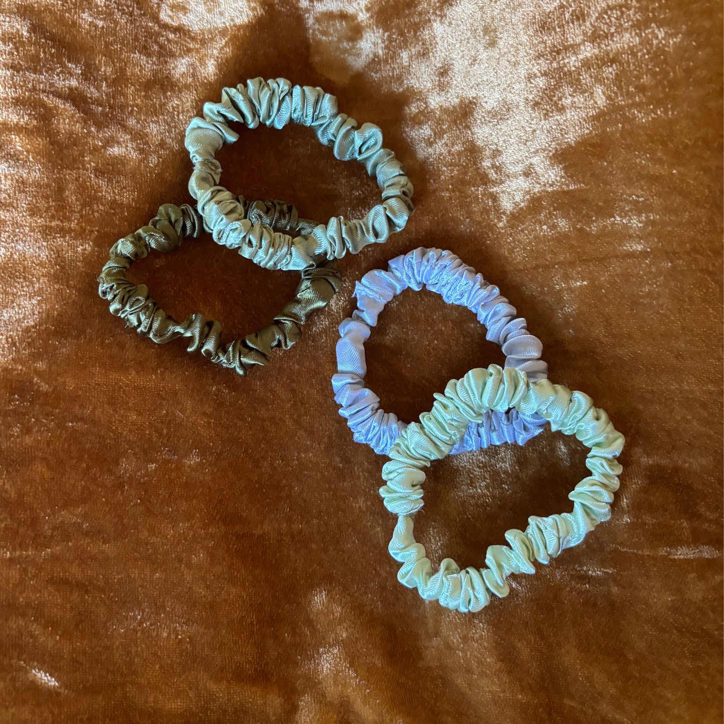 4 Pack Satin Hair Tie Pack in Olive / Sage / Mint / Camo | Poly Satin Scrunchies Hair Accessory