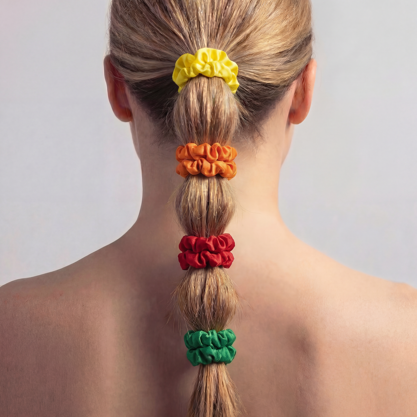 4 Pack Satin Hair Tie Pack in Red / Orange / Yellow / Green | Poly Satin Scrunchies Hair Accessory