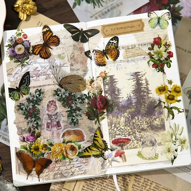 40 Vintage Flower Butterfly Stickers | For Plant Handbook, Journaling, Scrapbook