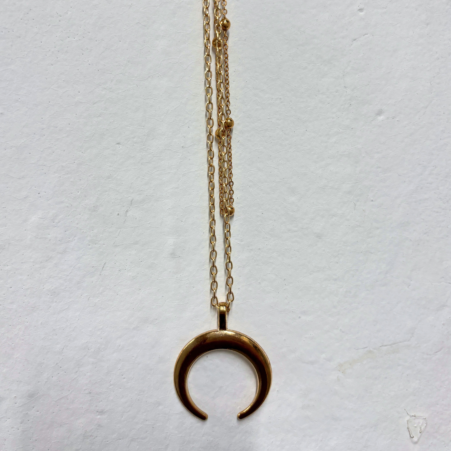 La Luna Double Layered Necklace in Gold | Beaded Chain + Crescent Moon | Two-Strand