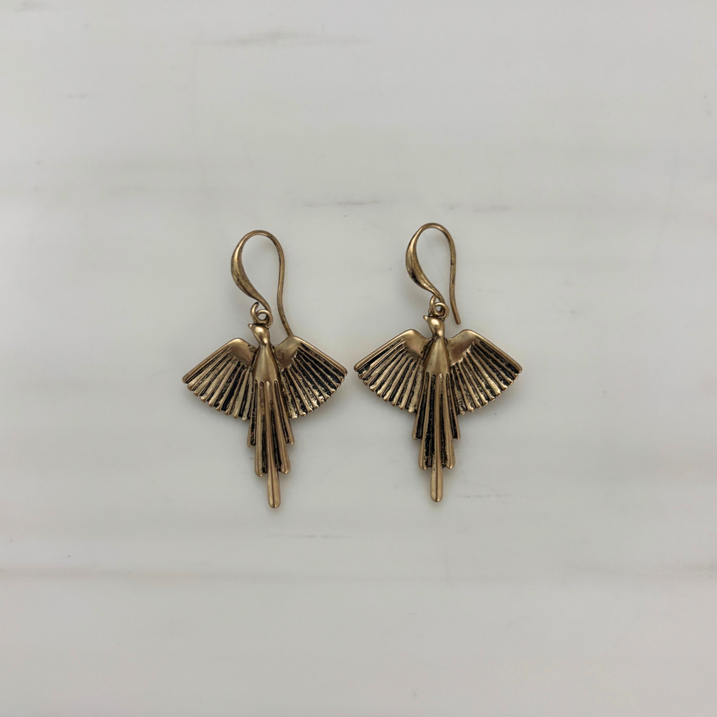 Bronze Phoenix Deco Dangle Earrings | Art Deco Bird Motif | 1.7" Ear Wire