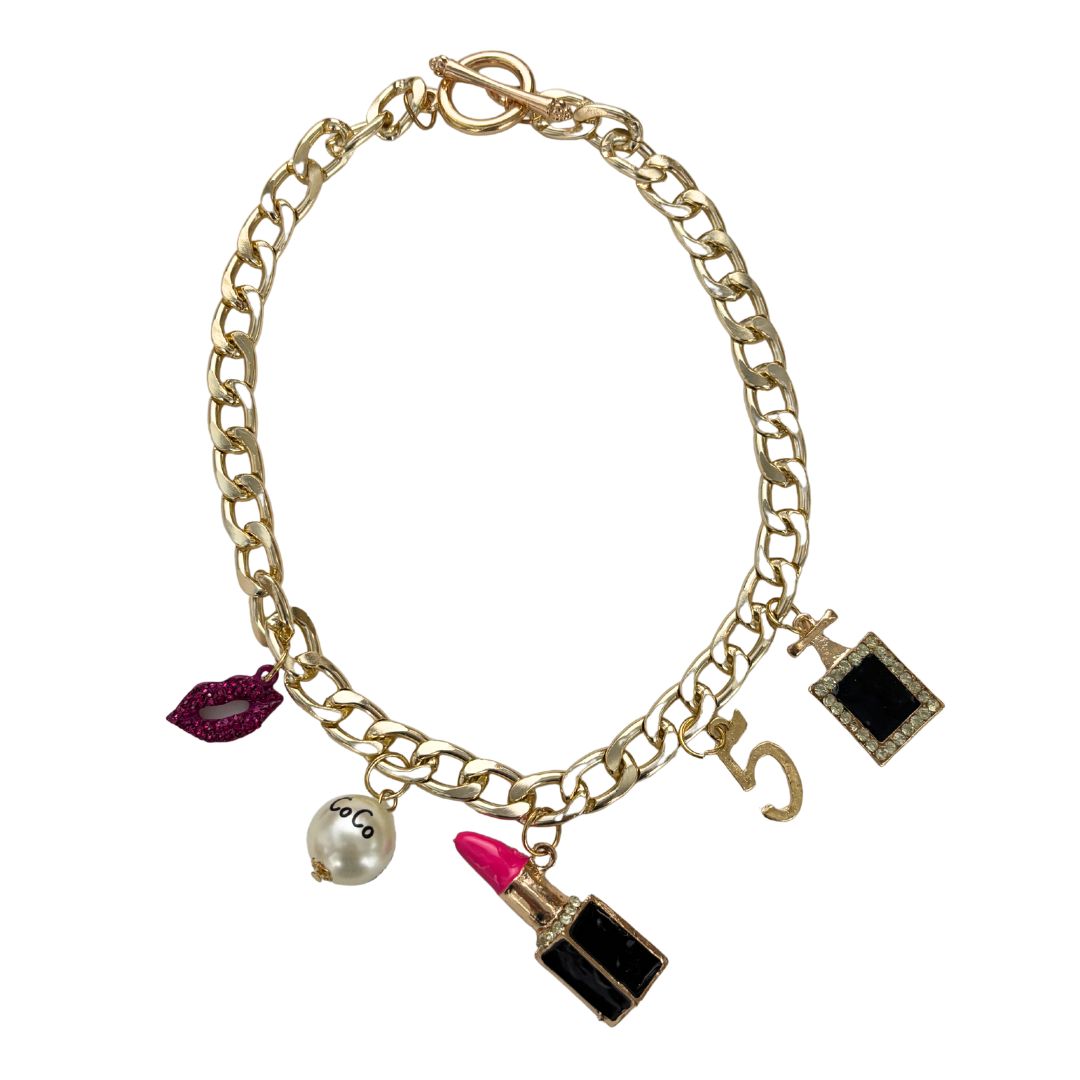 Chunky Coco Charm Necklace | Gold Chain with Lipstick, No. 5 & Coco Chanel Charms
