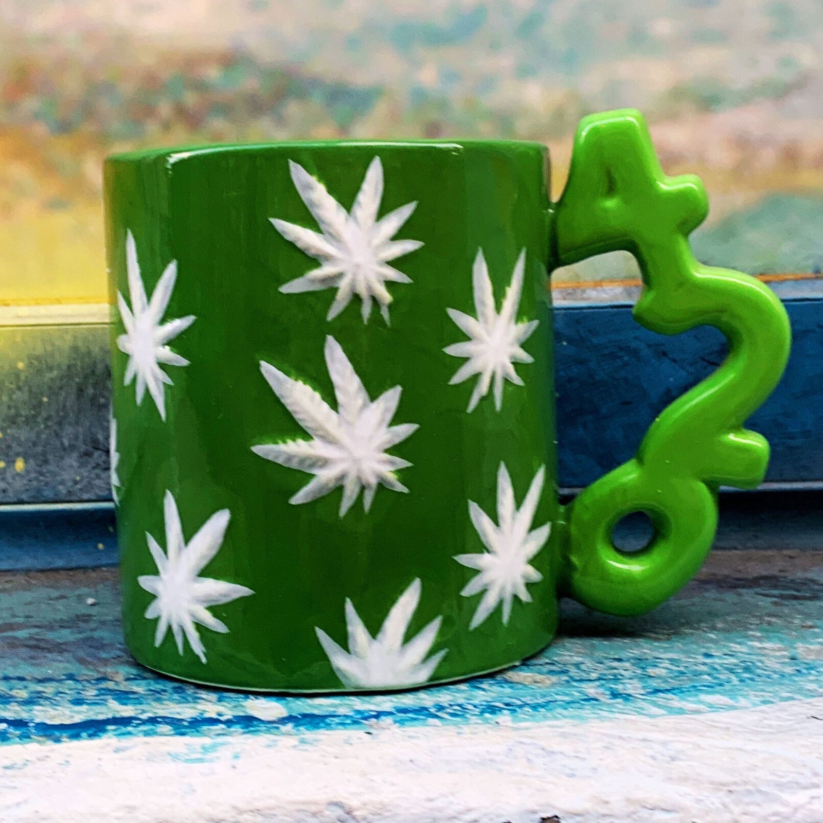 420 Handle Leaf Mug in Green | Ceramic Coffee Tea Cup | 20oz