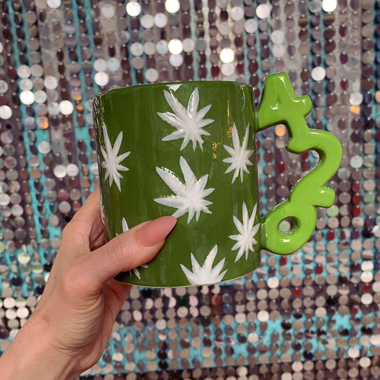 420 Handle Leaf Mug in Green | Ceramic Coffee Tea Cup | 20oz