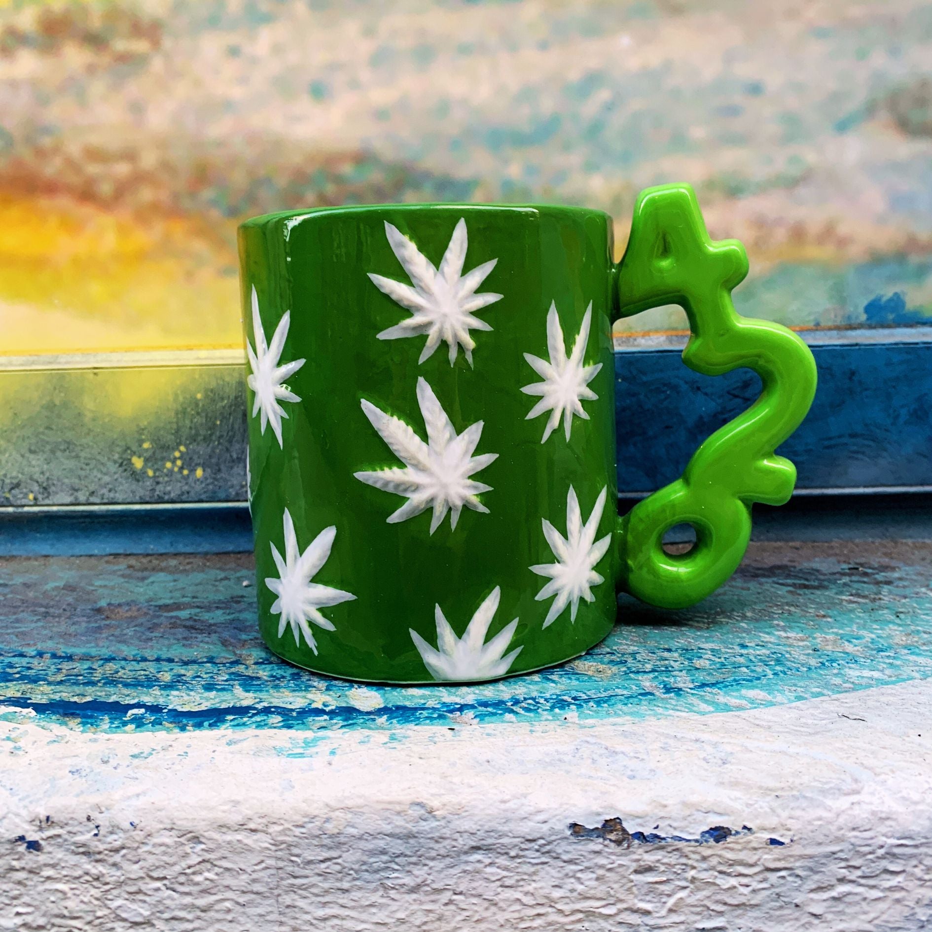 420 Handle Leaf Mug in Green | Ceramic Coffee Tea Cup | 20oz