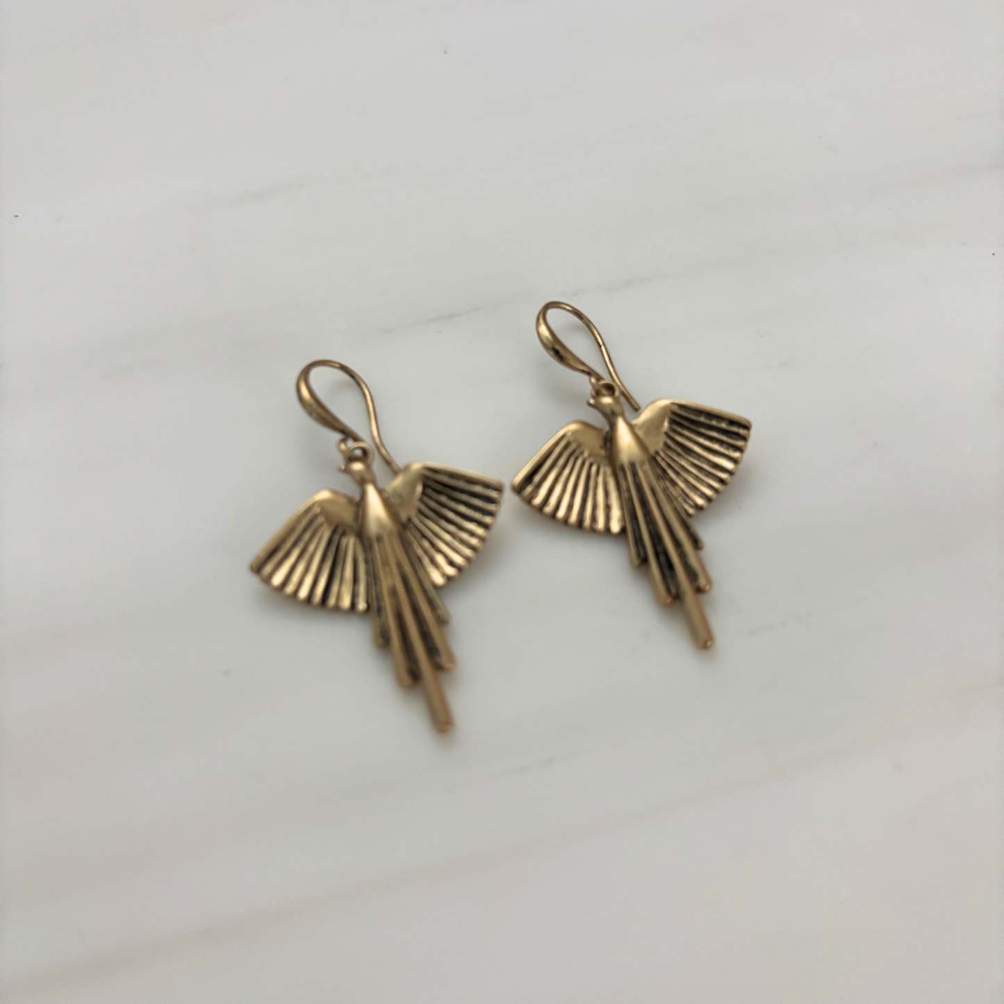 Bronze Phoenix Deco Dangle Earrings | Art Deco Bird Motif | 1.7" Ear Wire