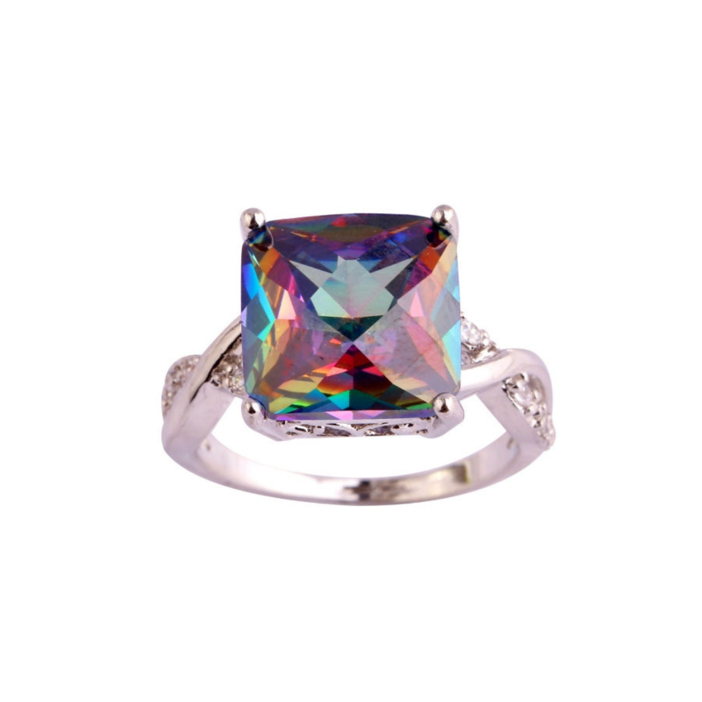 Rainbow Facets Silver Bling Ring | Bold Square-Cut Glass Stone | Blue Green Purple | Sizes 6–8