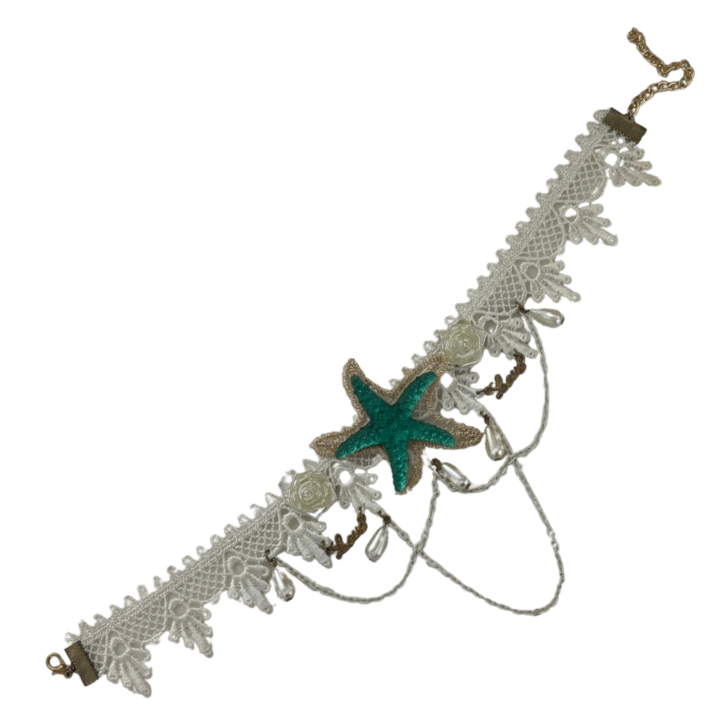 Sea Star Mermaid Appliqué Choker | White Lace with Pearl, Rose & Teal Sea Star