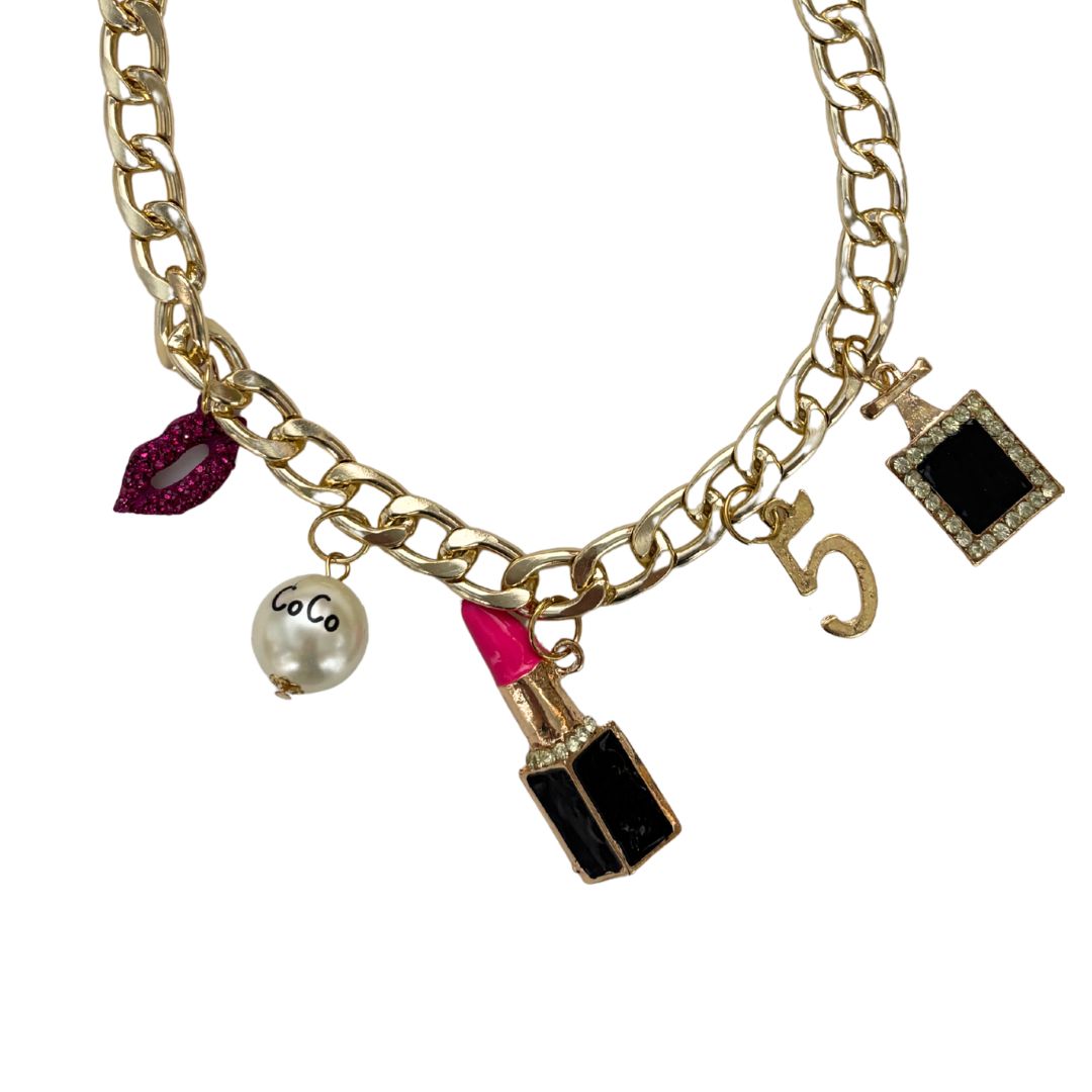 Chunky Coco Charm Necklace | Gold Chain with Lipstick, No. 5 & Coco Chanel Charms