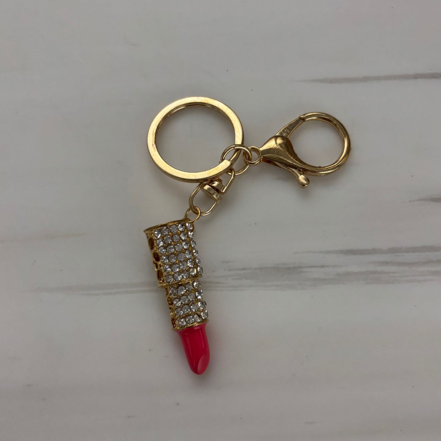 Bejeweled Lipstick Keychain & Bag Charm | Cute Pink & Gold Mini Charm