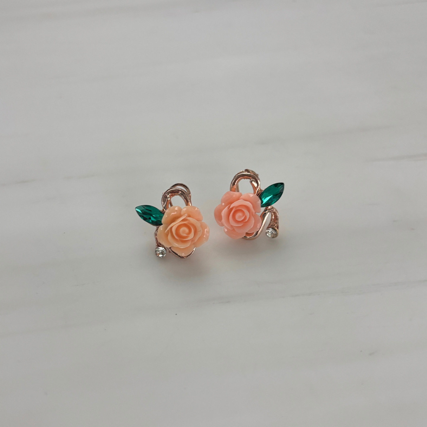 Prettiest Rose Sculpted Stud Earrings | Peachy-Pink Rose, Jeweled Leaf, Rose Gold | 1/2"