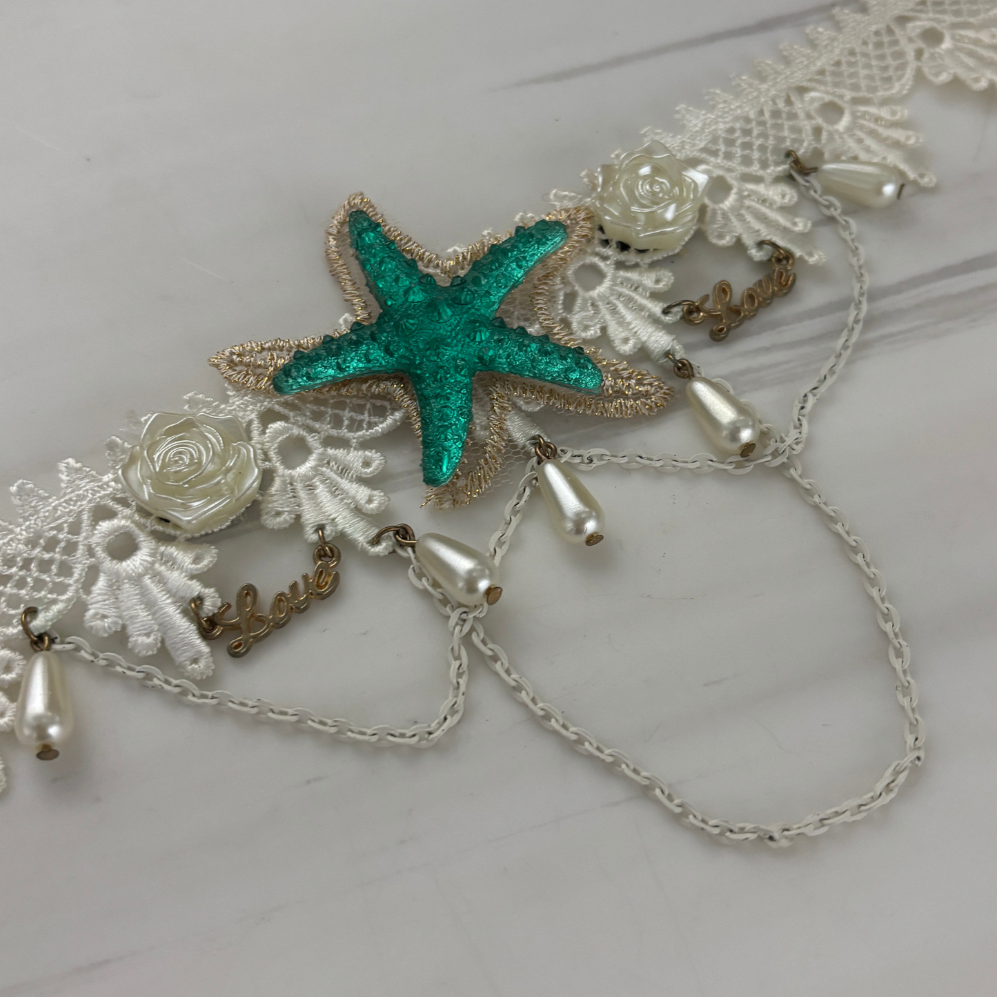 Sea Star Mermaid Appliqué Choker | White Lace with Pearl, Rose & Teal Sea Star