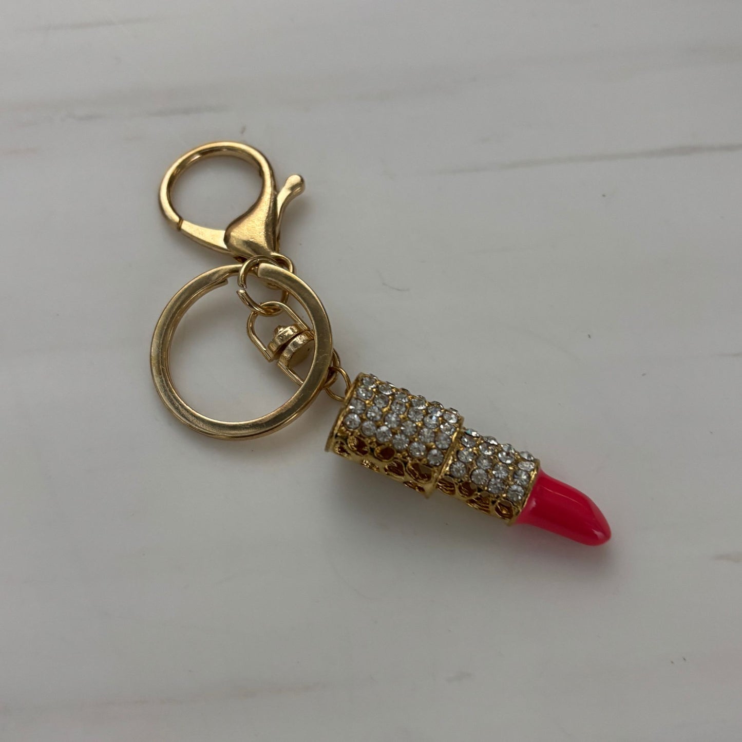 Bejeweled Lipstick Keychain & Bag Charm | Cute Pink & Gold Mini Charm