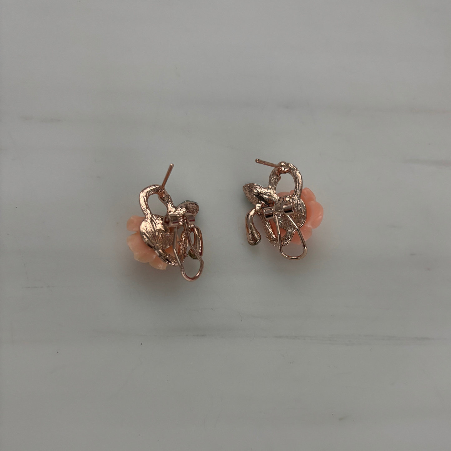 Prettiest Rose Sculpted Stud Earrings | Peachy-Pink Rose, Jeweled Leaf, Rose Gold | 1/2"